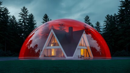 Sheltered Haven: An intriguing architectural marvel, a modern A-frame house, nestled amidst a tranquil forest landscape, encased within a protective, translucent dome.