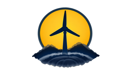 A wind turbine stands tall against a vibrant yellow sun setting behind a mountain range with clouds.