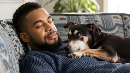 Man's Best Friend: A tender moment unfolds as a man and his loyal canine companion share a cozy embrace on a comfortable sofa, basking in the warmth of companionship and relaxation.