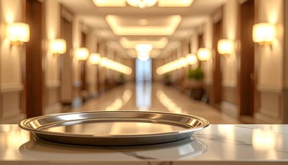 A polished silver tray sits on a marble surface, reflecting soft lighting in a luxurious corridor