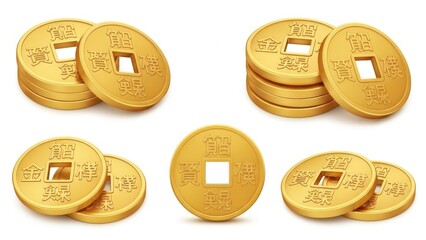 Ancient chinese gold coins. Square holes historical currency. Stacks of gold coins. Traditional chinese money. Symbol of wealth prosperity. Isolated on white background.