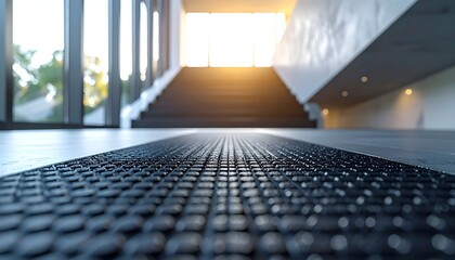 A close-up view of textured flooring leading towards illuminated stairs in a modern entryway