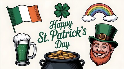 Festive elements of St. Patrick's Day: A vibrant collage celebrating the spirit of St. Patrick's Day. It features the national flag, shamrock, rainbow, the beer, a leprechaun, and pot of gold.