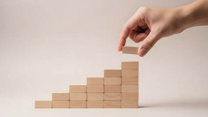 A human hand carefully places a wooden block, symbolizing a crucial step in building a foundation for strategic growth, continuous progress, and achieving long-term success