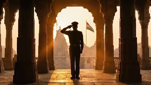 Indian Soldier Silhouette Saluting Flag At Sunset Temple