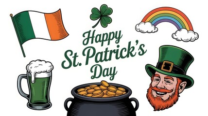 St. Patrick's Day Celebration: Festive elements of St. Patrick's Day, including a vibrant rainbow, lush green shamrock, and the iconic Irish flag and beer, evoke a sense of joyous celebration.