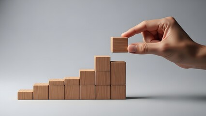 Building blocks creating a staircase symbolizing growth, progress, and achievement with a hand placing the final piece