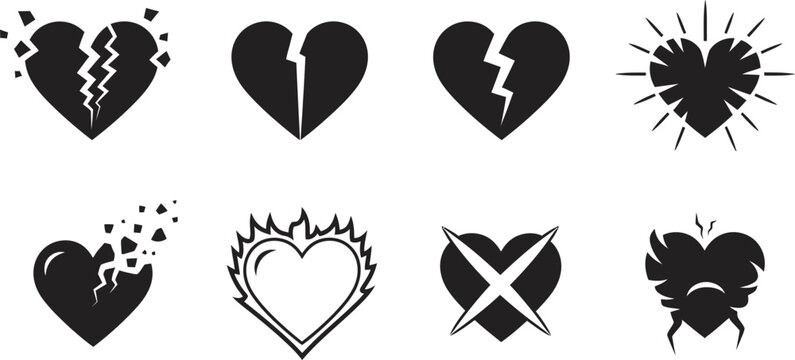 Valentines day broken hearts collection 8 unique black and white heart illustrations for valentine's day