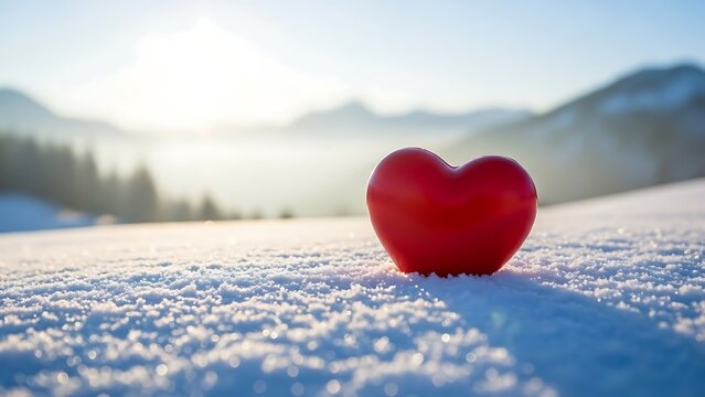 Red heart on snowy landscape with mountains in background