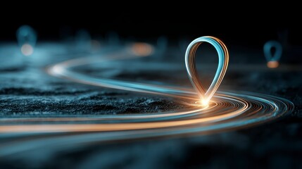 Rendered digital art showcasing an abstract location marker with a luminous light trail, suggesting a journey or navigation in a dark space