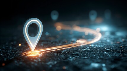 Illuminated location pin with glowing path, depicting a journey or navigation concept over a dark, textured surface