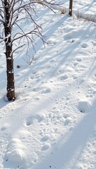 Serene Winter Landscape with Snow-Covered Ground and Bare Tree: A Blank Canvas for Your Creative Designs, perfect for backgrounds, and more.