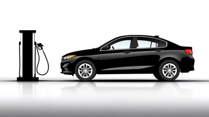 A black car is parked next to a gas station, with its engine running and charging at the station. The car is likely a luxury vehicle, as it is parked at a gas station rather than a regular gas station