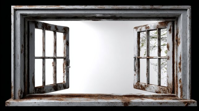 A window with a view of trees and a white background. The window is open, and the view is of a tree outside