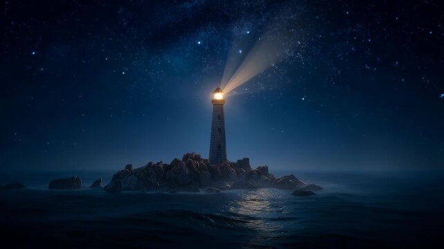 Majestic lighthouse on a rocky island at night under a brilliant starry sky with two powerful light beams shining across the calm ocean waves. Lonely stone lighthouse tower under the Milky Way galaxy