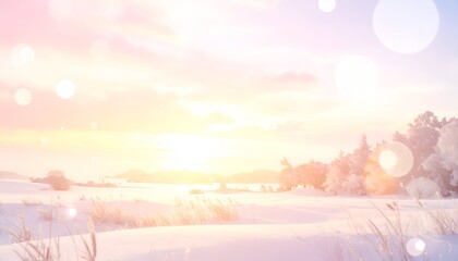A serene winter landscape at sunset with soft pastel colors and gentle light reflections