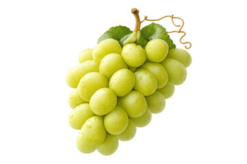 Fresh green seedless grapes bunch with water drops and leaves, ripe for healthy eating, transparent background