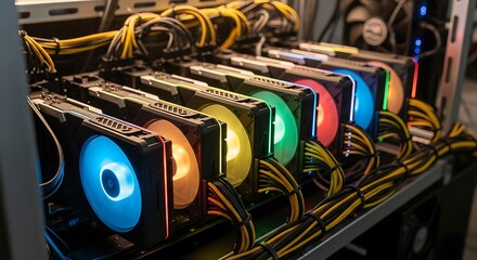 Multiple cooling fans on computing hardware illuminate with colorful lights inside a server rack