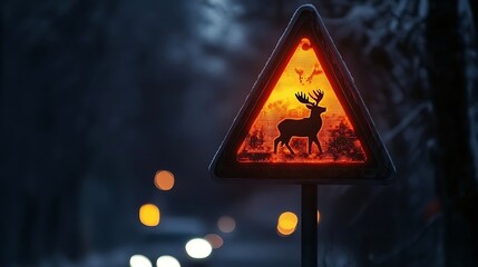 A triangular signal with a glowing animal crossing icon for moose 