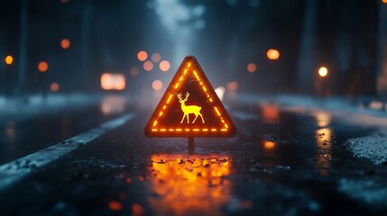 A triangular signal with a glowing deer crossing icon in the center 