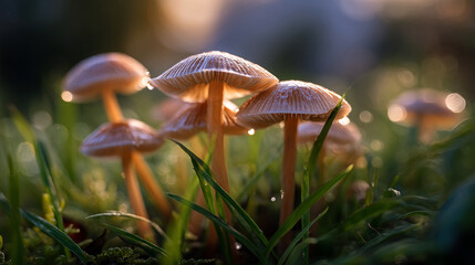 Tiny Wild Mushrooms in the Grass at Sunrise with Glowing Backlight and Dew Drops