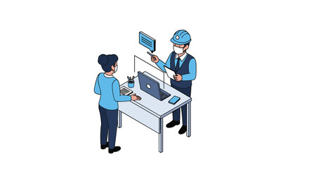Isometric office scene showing worker in blue hard hat discussing project with female colleague behind desk.