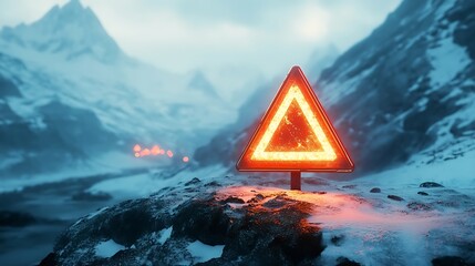 A triangular signal with a glowing avalanche warning symbol 