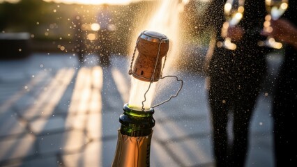 Champagne bottle cork exploding outwards, releasing a cloud of mist and bubbles, celebrating with light flares.