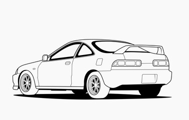 Obraz premium Detailed black and white sport coupe car rear perspective outline with clean line art, suitable for automotive illustration, transport concepts, custom design projects, and scalable vector use.