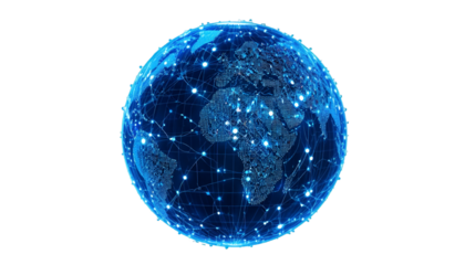 A digital illustration of a blue globe with a network of connections on a black background