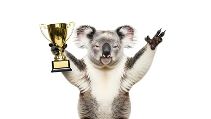 Triumphant koala holding a golden winner's trophy with arms raised in victory, eyes closed in celebration on white background.