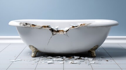 A broken white bathtub with a cracked rim and a shattered bottom. The bathtub is in a bathroom with a blue wall