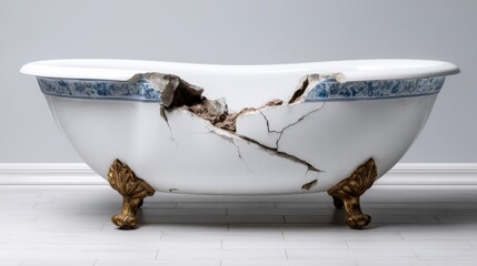 A broken bathtub with a cracked rim and a missing faucet. The bathtub is in a room with white walls and a grey floor. Scene is one of destruction and decay
