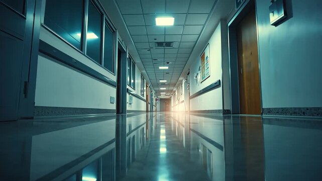 empty hospital corridor with lights reflecting on floor