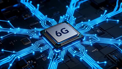 A close-up view of a 6G microchip on a dark circuit board with glowing blue data pathways, symbolizing advanced future technology. - Powered by Adobe