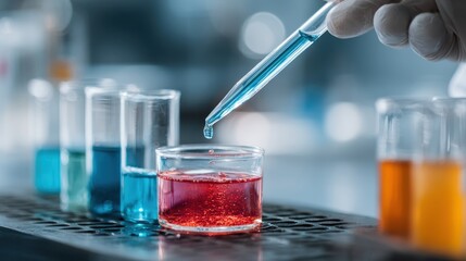 Laboratory Technician Uses Pipette to Transfer Blue Liquid Into Red Solution in Scientific Experiment
