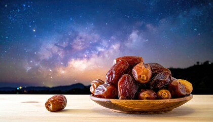 A stunning shot of a plate of dates under the mesmerizing starry night sky. The dates are arranged beautifully on the wooden plate with a stunning night sky background