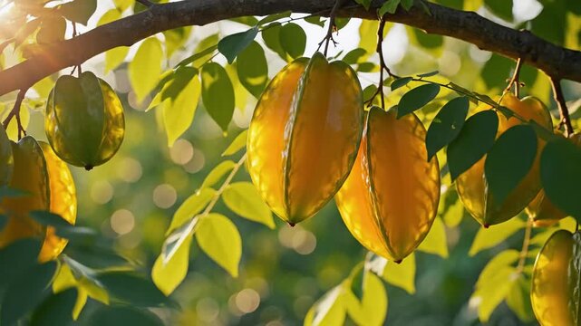 Ripe Star Fruits Hanging on a Tree Branch Bathed in Sunlight.