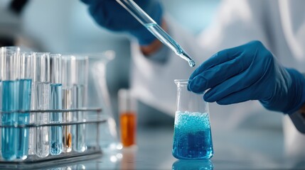 Close-Up of Lab Technician Conducting Experiment with Pipette Over Beaker, Mixing Bright Blue Liquid, and Laboratory Equipment in Background