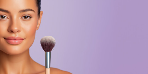 Beauty blogger with makeup brush against lilac background. Suitable for beauty and cosmetics themed marketing materials, blog posts, and social media.