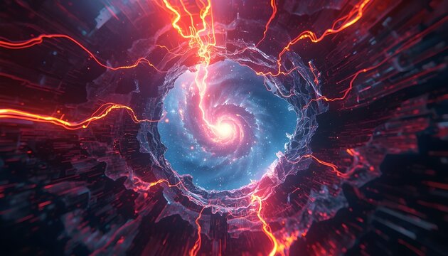 Electric blue swirling vortex with red lightning bolts spiral energy abstract