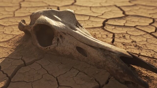 Cinematic macro close-up large weathered animal bone lying dry cracked desert earth, harsh sunlight, heat haze, dust particles drifting slowly, desaturated earthy climate change symbolism, environment
