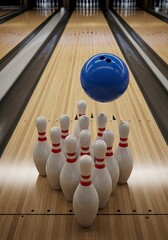 Blue sphere approaches ten white pins arranged for a strike attempt on a wooden lane.