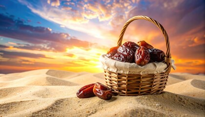 A basket filled with fresh dates sits on the sand, beneath a picturesque sunset. The scene evokes a sense of peace and tranquility, emphasizing natural beauty and the simple pleasures of life