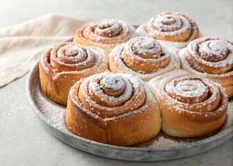 Flower-shaped cinnamon buns dusted with powdered sugar, designed for bakery presentation