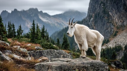 Majestic Mountain Goat Standing on Rock Outcrop Surrounded by Lush Forest and Dramatic Mountain Landscape in Overcast Weather