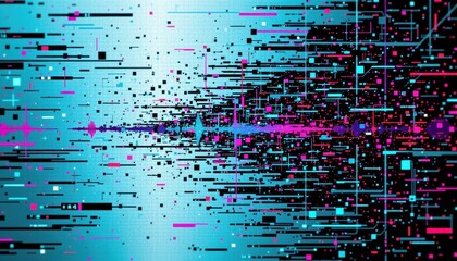 Abstract digital visualization of sound waves and data points in vibrant shades of pink and blue colors, representing technology and communication