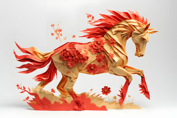 Golden and Red Origami Horse with Floral Decoration for Chinese Lunar New Year
