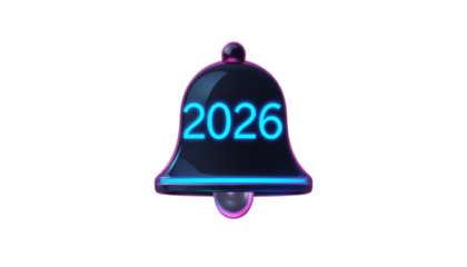 A neon bell with the year 2026 displayed prominently on a black background
