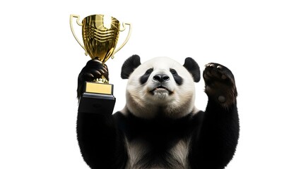 Victorious Giant Panda Celebrating with Golden Trophy on White Background